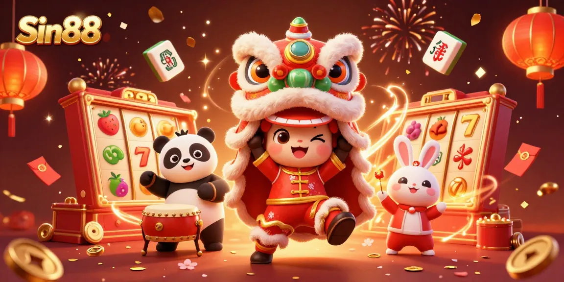 Join the festive excitement with Sin88's lively casino-themed scene featuring vibrant game symbols and charming characters.