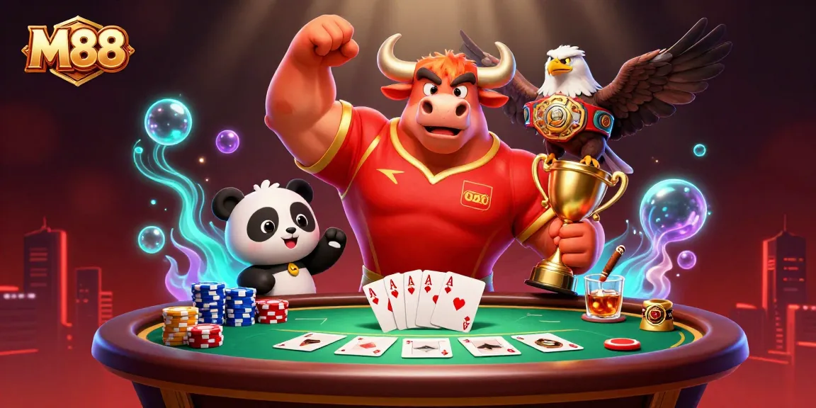 M88 brings excitement alive with a bull mascot, eagle, and panda celebrating at a vibrant casino scene.