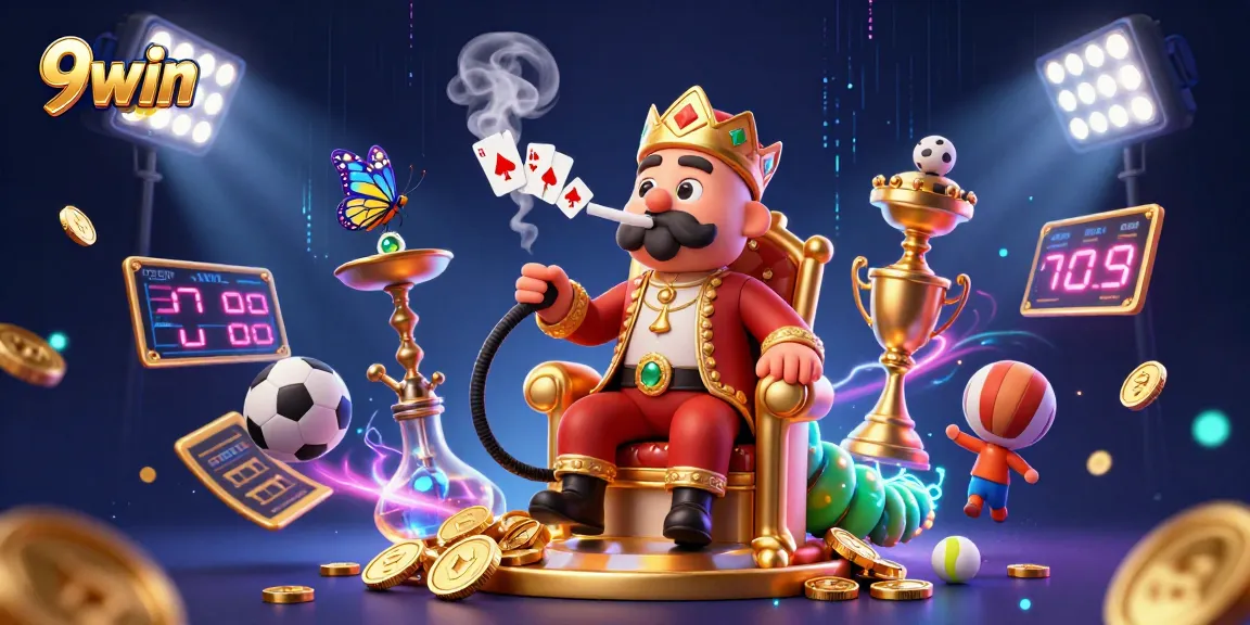Experience gameplay excitement with 9win's vibrant 3D casino illustration showcasing sports and poker elements.