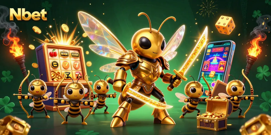 Nbet showcases a dynamic casino scene with an epic hornet and archers amidst vibrant slot machines and golden treasures.