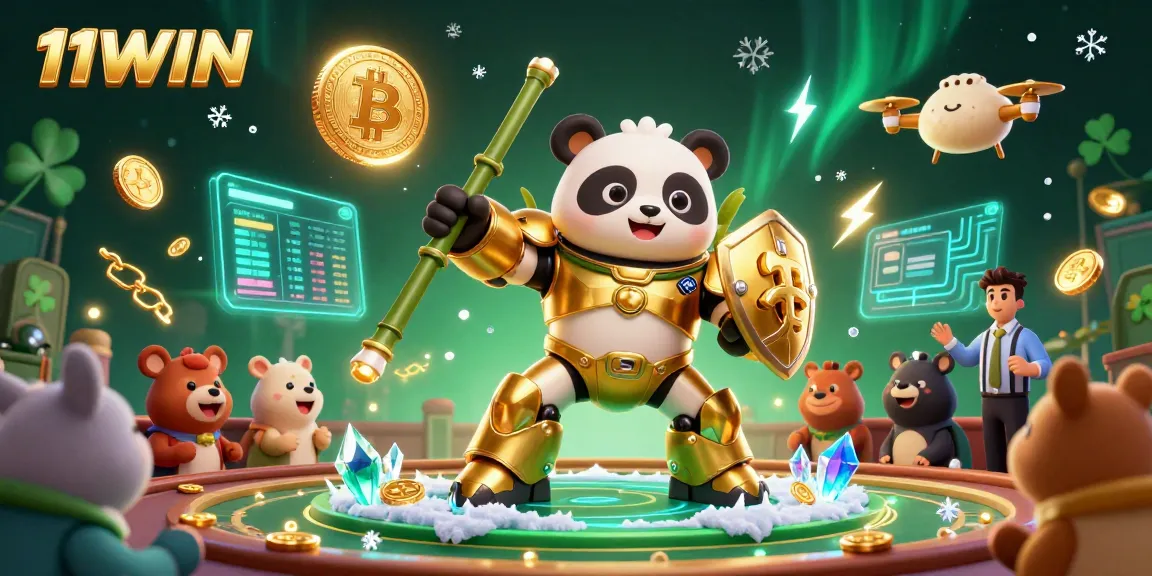 Experience thrilling 11WIN casino action with dynamic golden panda battling in vibrant crypto-themed arena.