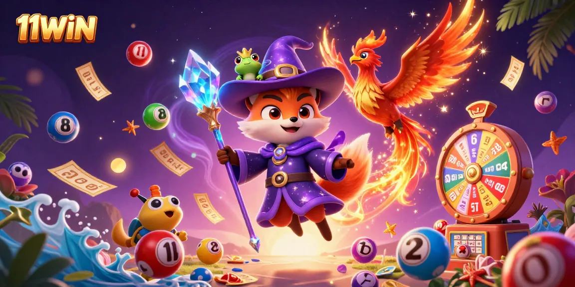 Engage with 11WIN in this dynamic 3D illustration showcasing vibrant lottery elements.