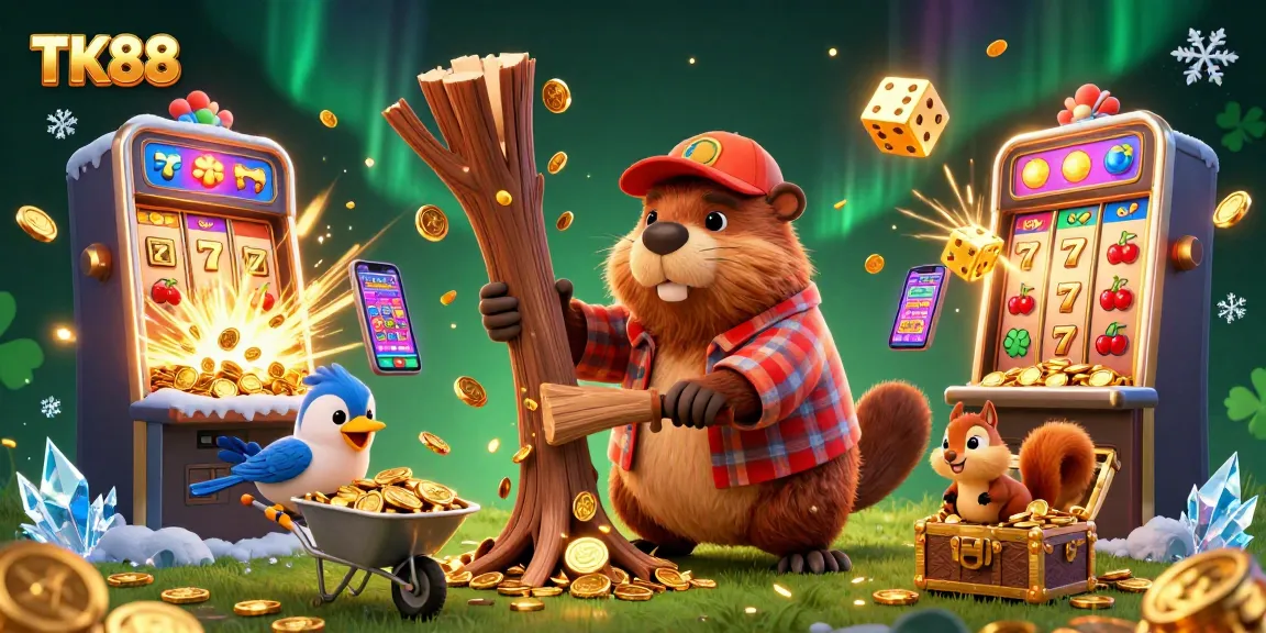 TK88's cartoon beaver illustrates jackpot excitement with coins raining down in a vibrant casino scene.