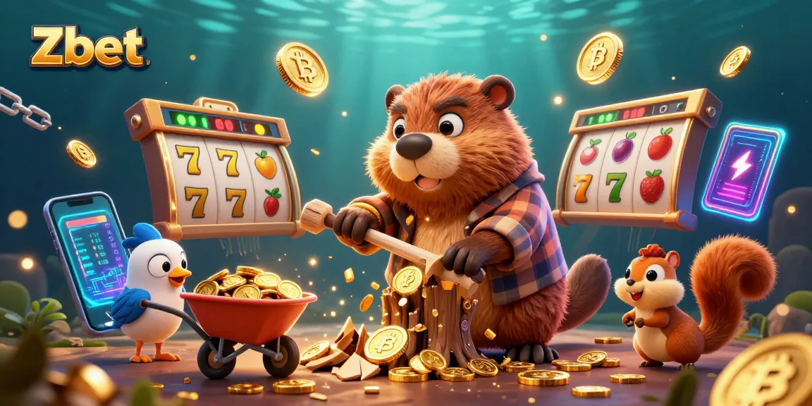 Zbet showcases a vibrant casino scene with a cartoon lumberjack beaver amidst gold coins and crypto elements