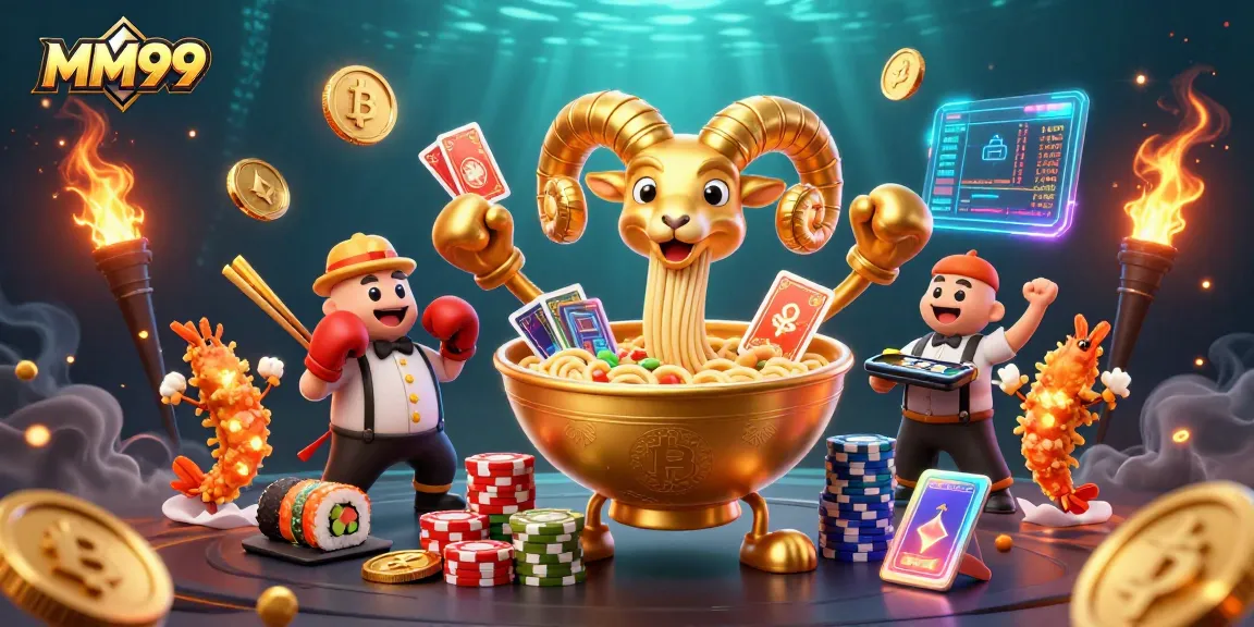 Engage with the thrilling world of MM99 casino featuring a golden ramen bowl character amidst vibrant gambling elements.