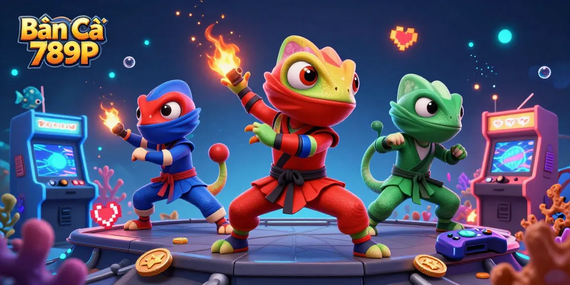 Bắn Cá 789P scene with colorful chameleon ninjas in martial arts poses surrounded by engaging sea creatures and vibrant game elements.