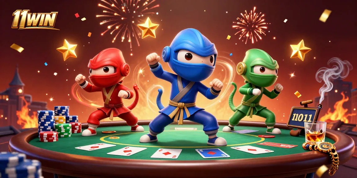 Join the action at 11WIN with a vibrant poker scene featuring chameleons in martial arts poses.