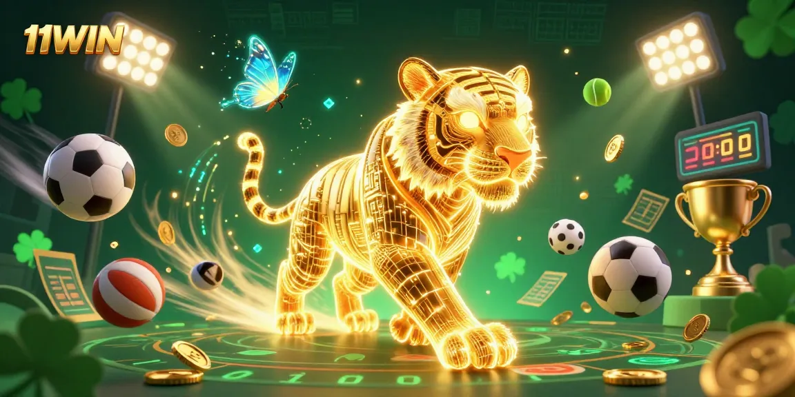 Feel the thrill of betting at 11WIN as a dynamic golden tiger prowls a digital casino.