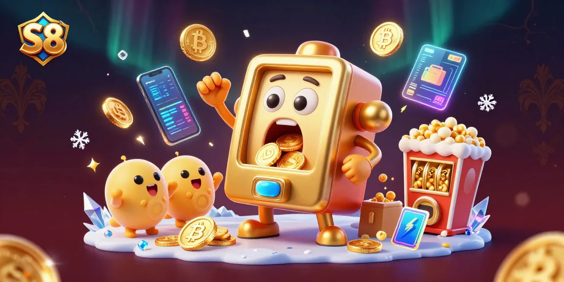 S8 presents a golden slot machine winning big, surrounded by vibrant casino elements and cryptocurrency coins.
