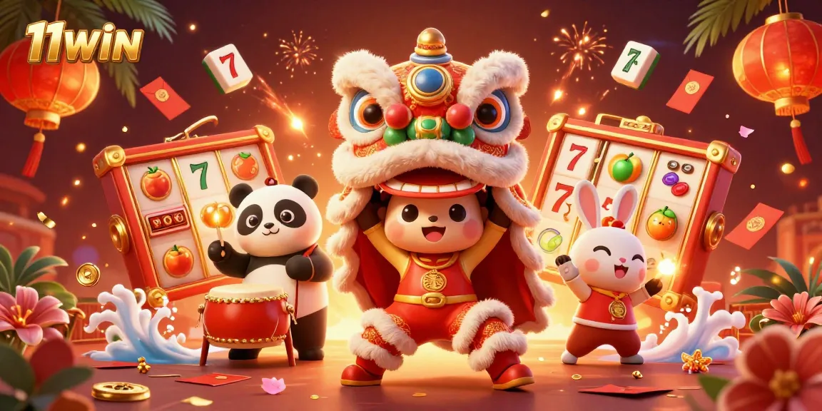 Experience casino excitement with 11WIN's vibrant lion dance scene, featuring slots and festive visuals.