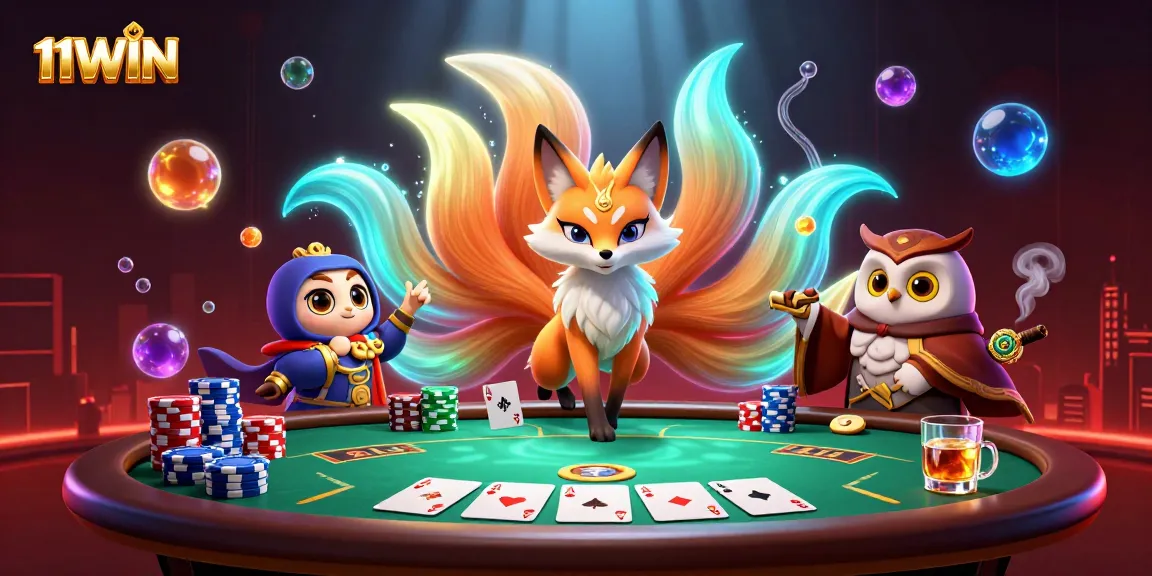 Engage with the vibrant gaming scene at 11WIN, featuring a glowing nine-tailed fox spirit and poker elements.
