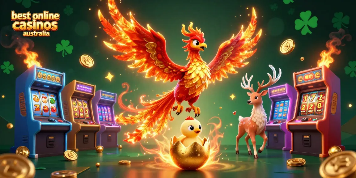 Experience the best online casinos Australia with dynamic gaming visuals, featuring a soaring phoenix and gaming elements.
