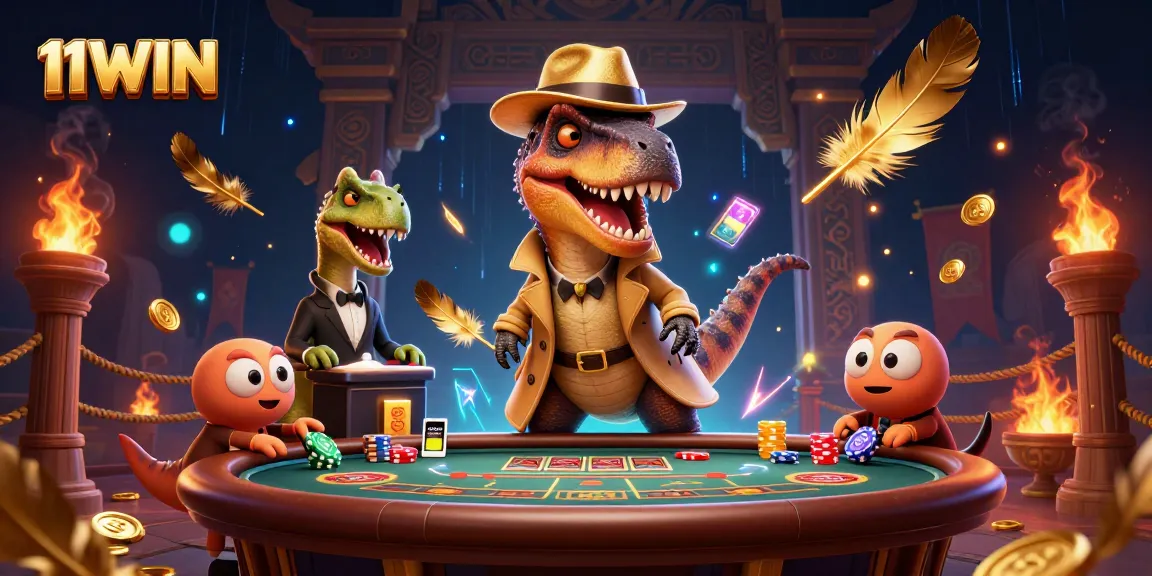 Engaging scene at 11WIN casino featuring a velociraptor card counter and unique characters.