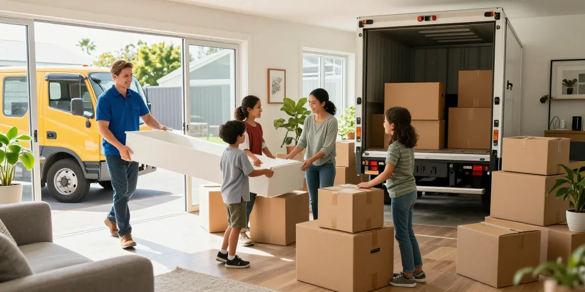 Moving companies Tauranga helping a family unpack boxes in their new home with cheerful movers and natural light.