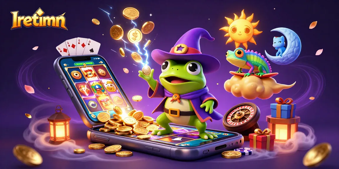 Iretimn showcases a vibrant 3D scene with a weather wizard frog, golden coins, and a colorful casino theme.
