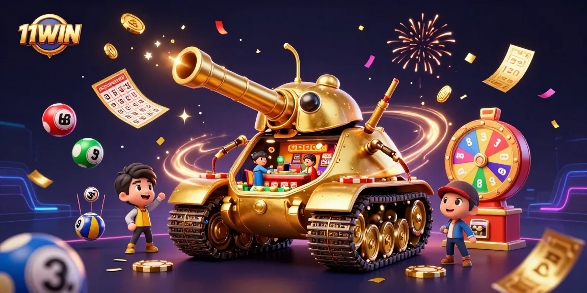 Join the excitement at 11WIN as colorful lottery elements burst around a vibrant casino tank scene.