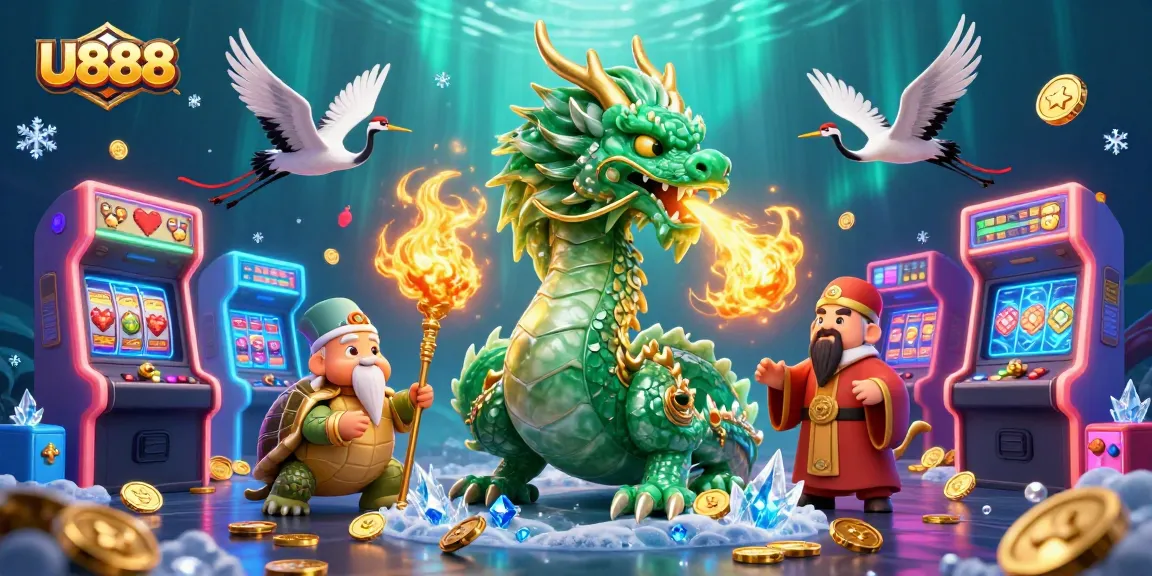 Engage with U888 in an epic 3D gaming scene featuring a jade dragon, turtle sage, and lucky cranes.