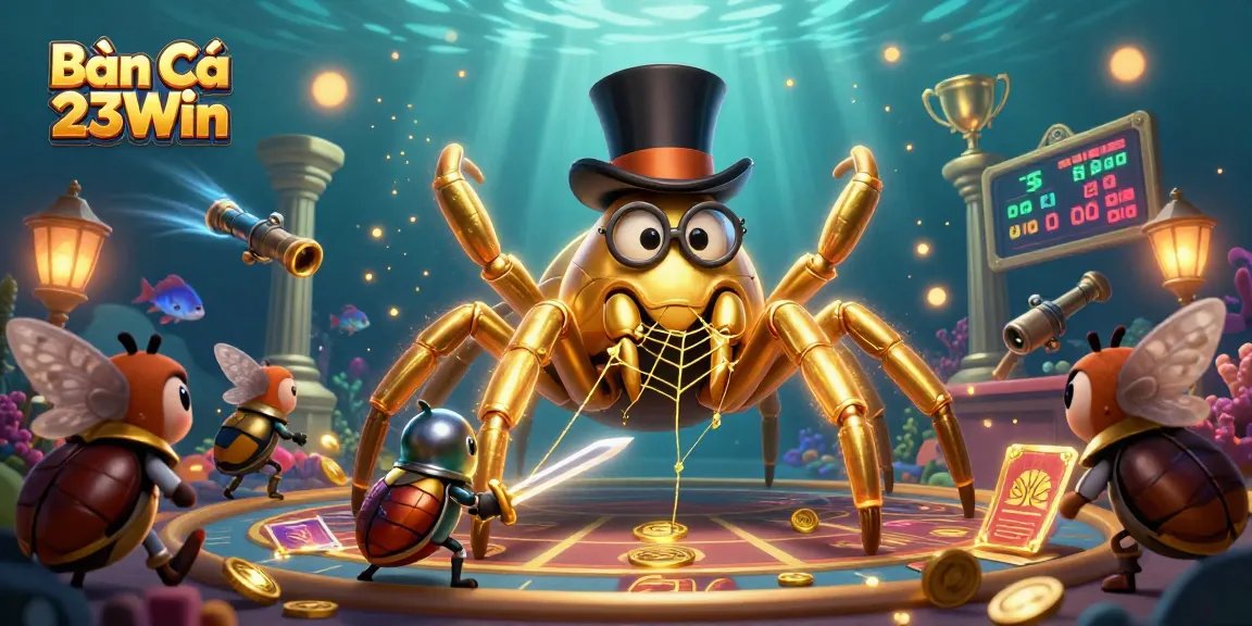 Bắn Cá 23Win features an exciting underwater scene of a golden tarantula and beetle knight amidst aquatic elements.