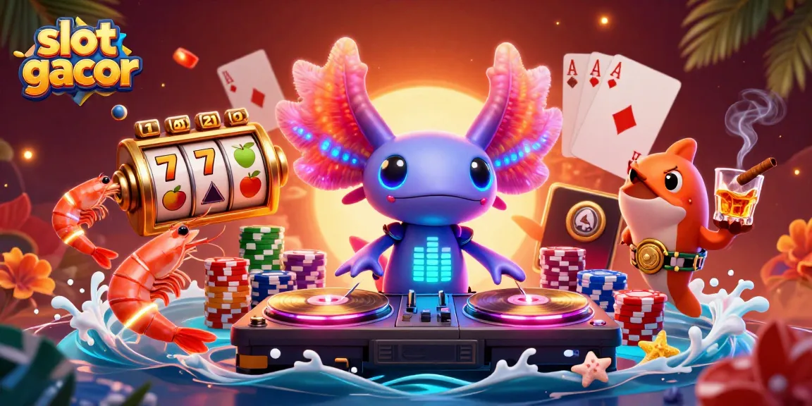 Experience slot gacor fun with colorful axolotl DJ, shrimp dancers, and vibrant casino elements.
