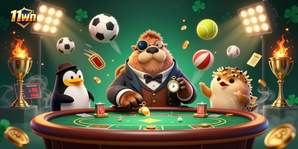 Engage with thrilling bets at 11WIN’s dynamic gambling scene featuring a poker table, sports elements, and playful characters.