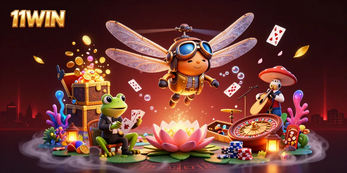 Join the 11WIN gaming adventure with dragonfly pilots and casino magic in vibrant detail.