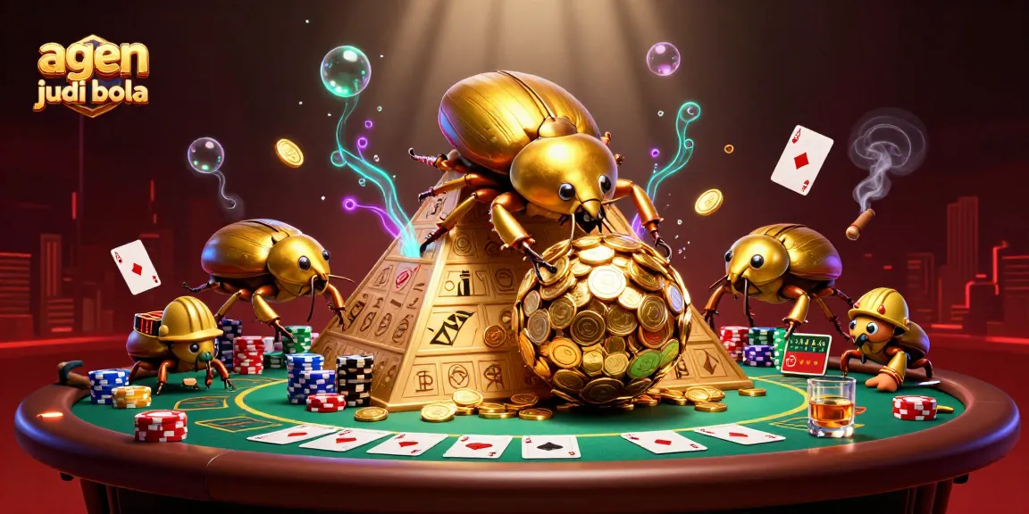 Engaging visual of a golden dung beetle symbolizing agen judi bola rolling coins at a pyramid, surrounded by vibrant casino elements.