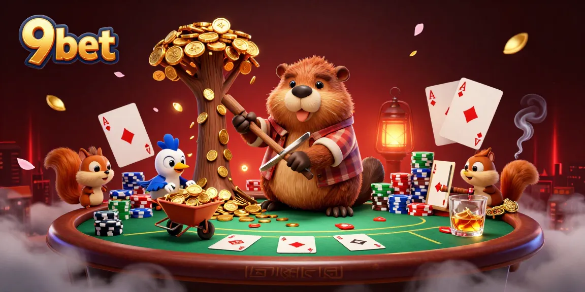 Engaging scene of the 9 bet lumberjack beaver amidst a poker table brimming with chips and cards.