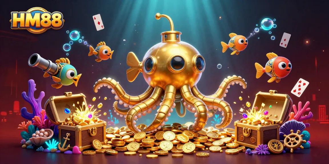 HM88 features a vibrant 3D kraken submarine surfacing in golden coins amidst a dynamic casino-themed underwater scene.